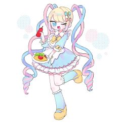 Rule 34 | 1girl, blonde hair, blue bow, blue dress, blue eyes, blue hair, blue socks, bottle, bow, chouzetsusaikawa tenshi-chan, coron (uowou s2l), dress, food, frilled dress, frills, full body, hair bow, hand up, highres, holding, holding bottle, holding plate, ketchup bottle, long hair, looking at viewer, multicolored hair, needy girl overdose, official alternate costume, omelet, omurice, one eye closed, open mouth, pink bow, pink hair, plate, puffy sleeves, quad tails, shoes, smile, socks, solo, standing, standing on one leg, sweets paradise, very long hair, yellow footwear