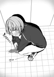 Rule 34 | 1girl, blush, buta tsuzumi, crossed arms, embarrassed, from above, long sleeves, looking at viewer, looking up, monochrome, open mouth, peeing, puddle, shirt, shoes, short hair, sneakers, socks, squatting, surprised, sweat, teeth, voyeurism, wall
