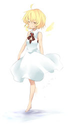 Rule 34 | 1girl, ahoge, angel wings, bare shoulders, barefoot, blonde hair, brooch, closed eyes, dress, female focus, full body, highres, jewelry, lost, lost-ko, mikan (ama no hakoniwa), open mouth, short hair, simple background, sleeveless, solo, sound horizon, sundress, walking, walking on liquid, water, white background, wings