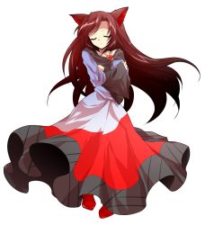 Rule 34 | 1girl, alphes (style), angry, animal ears, breast hold, breasts, brooch, brown hair, collarbone, crossed arms, dairi, dress, closed eyes, full body, imaizumi kagerou, jewelry, long hair, looking at viewer, parody, solo, style parody, touhou, transparent background, very long hair, wolf ears