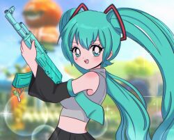 Rule 34 | 1990s (style), 1girl, black skirt, blue eyes, blue hair, blue necktie, blush, breasts, chellyko, cloud, crossover, detached sleeves, epic games, fortnite, grey shirt, gun, hatsune miku, highres, holding, charm (object), long hair, long sleeves, looking at viewer, medium breasts, midriff, necktie, open mouth, retro artstyle, rifle, shirt, skirt, sky, sleeveless, sleeveless shirt, smile, sparkle, spring onion, standing, teeth, twintails, upper body, vocaloid, weapon