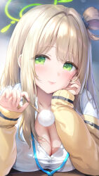 Rule 34 | 1girl, absurdres, blue archive, blush, breasts, buttons, cardigan, cleavage, closed mouth, collarbone, collared shirt, fingernails, green eyes, green halo, halo, highres, large breasts, light brown hair, long hair, long sleeves, looking at viewer, mimikaki, nonomi (blue archive), open cardigan, open clothes, partially unbuttoned, sayika, shirt, smile, solo, sweat, upper body, white shirt, yellow cardigan