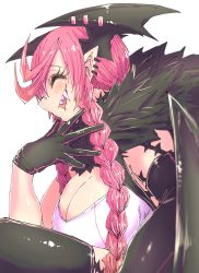 Rule 34 | 1girl, = =, absurdres, ahoge, asymmetrical gloves, bat wings, black feathers, black gloves, black tail, black thighhighs, black wings, blush, braid, breasts, closed eyes, dahila (heal &amp; squeeze), fangs, feathers, from side, gloves, head wings, heal &amp; squeeze, highres, huge breasts, nose, pink hair, sideboob, sideways mouth, simple background, sitting, smile, tail, thighhighs, uneven gloves, vampire, vietnamese clothes, vietnamese dress, white background, wings, zyugoya