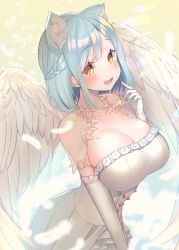 Rule 34 | 1girl, :d, angel wings, animal ear fluff, animal ears, blue hair, blush, braid, breasts, brown eyes, cat ears, collarbone, commentary request, dress, elbow gloves, feathered wings, feathers, frilled dress, frilled gloves, frills, gloves, hand up, kemonomimi mode, large breasts, looking at viewer, moira (nijisanji), mole, mole on breast, nijisanji, open mouth, pleated dress, smile, solo, strapless, strapless dress, suzuho hotaru, virtual youtuber, white dress, white feathers, white gloves, white wings, wings