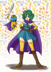 Rule 34 | boots, cape, chunsoft, circlet, cosplay, curly hair, detached sleeves, dragon quest, dragon quest iii, dragon quest iv, dress, enix, gloves, green hair, hands on own hips, heroine (dq4), healslime, nao (moji), purple eyes, roto (cosplay), roto (dq3), short hair, solo, sword, thighhighs, weapon