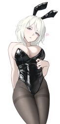 Rule 34 | 1girl, animal ears, bare arms, bare shoulders, black leotard, black pantyhose, blue eyes, breasts, commentary request, cowboy shot, eonyan (chaeyang), fake animal ears, faust (project moon), heart, highres, large breasts, leotard, limbus company, looking at viewer, medium hair, pantyhose, playboy bunny, project moon, rabbit ears, simple background, solo, white background, white hair