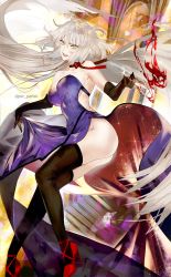Rule 34 | 1girl, ahoge, alcohol, bare shoulders, black gloves, black thighhighs, breasts, cleavage, cup, dress, drinking glass, elbow gloves, fate/grand order, fate (series), gloves, hair between eyes, high heels, jeanne d&#039;arc (fate), jeanne d&#039;arc alter (avenger) (fate), jeanne d&#039;arc alter (fate), large breasts, legs, long hair, looking at viewer, no panties, official alternate costume, purple dress, pvc parfait, red footwear, silver hair, smile, solo, thighhighs, thighs, very long hair, wine, wine glass, yellow eyes
