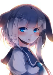 Rule 34 | 10s, 1girl, absurdres, animal ears, blue eyes, blue hair, blue neckerchief, blue sailor collar, blush, closed mouth, highres, kanzakietc, kemono friends, long hair, looking at viewer, multicolored hair, narwhal (kemono friends), neckerchief, sailor collar, school uniform, serafuku, shirt, short hair with long locks, short sleeves, simple background, smile, solo, upper body, white background, white shirt