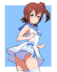 Rule 34 | 1girl, absurdres, ass, blue background, blue neckerchief, blue sailor collar, breasts, brown hair, closed mouth, commentary request, commission, dress, embarrassed, furrowed brow, hair between eyes, hair ornament, hairclip, highres, idolmaster, idolmaster million live!, kasuga mirai, light blush, light frown, looking at viewer, looking back, neckerchief, nejime (nejimeinu), official alternate costume, one-piece swimsuit, pink scrunchie, sailor collar, sailor one-piece swimsuit, sailor swimsuit (idolmaster), scrunchie, side ponytail, sidelocks, skeb commission, sleeveless, small breasts, solo, sweat, swimsuit, thighhighs, thighs, white dress, yellow eyes
