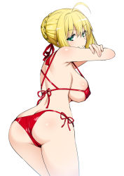 Rule 34 | 1girl, ahoge, ass, back, bare shoulders, bikini, blonde hair, blush, braid, breasts, butt crack, closed mouth, fate/extra, fate (series), french braid, green eyes, hair bun, hair intakes, large breasts, long hair, looking at viewer, looking back, namonashi, nero claudius (fate), nero claudius (fate) (all), nero claudius (fate/extra), red bikini, sideboob, simple background, single hair bun, smile, swimsuit, thighs, underboob