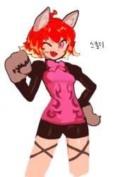 Rule 34 | 1girl, ahoge, animal ears, animal hands, bow, cat ears, cat paws, dress, dungeon and fighter, fang, firstw1, hand on own hip, highres, long sleeves, one eye closed, open mouth, orange hair, pink dress, short hair, simple background, skuldi, solo, upper body, white background