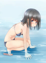 1girl arm_support artist_name bikini black_hair blue_bikini breasts commentary_request dated flip-flops from_side light_blush light_frown looking_at_viewer medium_hair navel original parted_lips retsumaru sandals signature small_breasts solo squatting swimsuit translated wading water