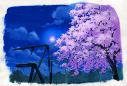 Rule 34 | blue sky, border, chain-link fence, cherry blossoms, fence, highres, lamppost, night, night sky, no humans, original, outdoors, painting (medium), sawitou mizuki, scan, scenery, sky, swing, traditional media, tree, watercolor (medium), white border