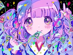 Rule 34 | 1girl, blue kimono, blunt bangs, closed mouth, commentary request, cone hair bun, confetti, double bun, floral print kimono, hair bun, hands up, headphones, highres, index finger raised, japanese clothes, kiato, kimono, long sleeves, looking at viewer, mouth hold, original, purple eyes, purple hair, solo, string of flags, upper body, wide sleeves