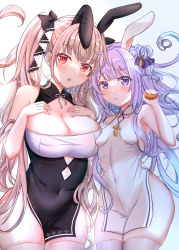 Rule 34 | 2girls, alternate costume, animal ears, azur lane, blunt bangs, breasts, china dress, chinese clothes, cleavage, commentary request, dress, fake animal ears, fang huu (funfox), food, formidable (azur lane), hair bun, hair ornament, hairband, highres, holding, holding food, long hair, looking at viewer, mid-autumn festival, mooncake, multiple girls, one side up, purple eyes, purple hair, rabbit ears, red eyes, side bun, side slit, sidelocks, silver hair, simple background, single hair bun, single side bun, thighhighs, twintails, unicorn (azur lane), white background, white legwear, zettai ryouiki