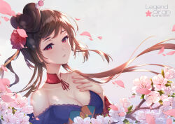 Rule 34 | 1girl, artist name, bare shoulders, blue kimono, blush, breasts, brown hair, cherry blossoms, choker, cleavage, collarbone, commentary request, english text, falling petals, floating hair, flower, food-themed hair ornament, gradient background, grey background, hair bun, hair flower, hair ornament, hand on own chest, heart hair bun, highres, japanese clothes, kimono, kurenaiz (kureniz), large breasts, long hair, looking at viewer, off shoulder, parted lips, petals, red choker, red eyes, red flower, red rose, rose, solo, upper body, yuugiri (zombie land saga), zombie land saga