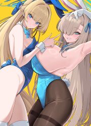 Rule 34 | 2girls, absurdres, animal ears, arm up, armpits, asuna (blue archive), asuna (bunny) (blue archive), asymmetrical docking, black pantyhose, blonde hair, blue archive, blue bow, blue bowtie, blue eyes, blue hair, blue halo, blue leotard, blue nails, blue ribbon, blush, bow, bowtie, braid, breast envy, breast press, breasts, closed mouth, commentary, cowboy shot, detached collar, dutch angle, ear piercing, elbow gloves, expressionless, fake animal ears, fake tail, french braid, funaya (a2brasd), gloves, grin, hair bow, hair intakes, hair over one eye, hair ribbon, halo, highleg, highleg leotard, highres, huge breasts, leotard, light brown hair, long hair, looking at viewer, medium breasts, multicolored hair, multiple girls, nail polish, official alternate costume, pantyhose, piercing, playboy bunny, rabbit ears, rabbit tail, ribbon, sideboob, simple background, smile, standing, strapless, strapless leotard, streaked hair, symbol-only commentary, tail, thighband pantyhose, thighhighs, thighs, toki (blue archive), toki (bunny) (blue archive), two-tone hair, v, very long hair, white gloves, white thighhighs, wrist cuffs, yellow background