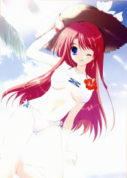 Rule 34 | 1girl, ;p, absurdres, bikini, blue eyes, bracelet, breasts, day, double teacher life, hat, highres, jewelry, long hair, medium breasts, mikeou, navel, one eye closed, outdoors, pink chuchu, red hair, school nurse, sky, solo, straw hat, sunlight, swimsuit, tomiya natsuki, tongue, tongue out, underboob, wink