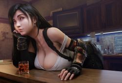 Rule 34 | 1girl, absurdres, alcohol, bar (place), bartender, batesz10, bent over, breasts, cleavage, drink, final fantasy, final fantasy vii, gloves, highres, huge breasts, large breasts, long hair, loose clothes, loose shirt, red eyes, seventh heaven, shirt, skirt, square enix, tifa lockhart