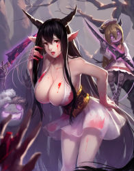 Rule 34 | 10s, 1girl, black hair, blood, blood on breasts, blood stain, blood on clothes, bloody dress, blush, breasts, cleavage, crimson k night, danua, draph, dress, granblue fantasy, gretel (granblue fantasy), hansel (granblue fantasy), helic (7317helic), highres, horns, jewelry, large breasts, leaning forward, long hair, looking at viewer, necklace, open mouth, pointy ears, red eyes, string, sword, tree, weapon