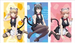 Rule 34 | 3girls, animal ears, apron, bare arms, bare shoulders, belly, black hair, blue eyes, blush, bow, bowtie, breasts, brown eyes, brown hair, buttons, cat ears, cat girl, cat tail, cleavage, collar, fishnet legwear, fishnets, highres, isshiki iroha, legs, long hair, looking at viewer, maid, maid apron, maid headdress, medium hair, midriff, miniskirt, multiple girls, navel, official art, on floor, open mouth, pantyhose, pink hair, red eyes, red neckwear, sitting, skirt, sleeveless, smile, tail, thighhighs, third-party edit, tongue, tongue out, vest, wrist cuffs, yahari ore no seishun lovecome wa machigatteiru., yuigahama yui, yukinoshita yukino, zettai ryouiki