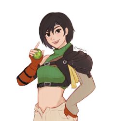 Rule 34 | 1girl, armor, artist name, black hair, brown eyes, commentary, cowboy shot, crop top, cropped sweater, english commentary, final fantasy, final fantasy vii, final fantasy vii remake, fingerless gloves, gloves, green sweater, hand on own hip, headband, highres, holding, index finger raised, looking at viewer, materia, midriff, open fly, open mouth, orange gloves, ribbed sweater, short hair, simple background, sleeveless, sleeveless turtleneck, smile, solo, standing, sweater, turtleneck, turtleneck sweater, twitter username, vanekairi, white background, yuffie kisaragi