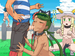 Rule 34 | 1boy, 3girls, animal ears, ash ketchum, bar censor, blonde hair, blue eyes, blue hair, blush, boots, braid, breasts, censored, clothed male nude female, cloud, collar, cosplay, creatures (company), cum, cum in mouth, dark-skinned female, dark skin, day, closed eyes, fake animal ears, fake tail, fellatio, functionally nude, game freak, gen 1 pokemon, gen 7 pokemon, grass, green eyes, green hair, habatakuhituji, harem, hat, japanese text, lana (pokemon), leash, legs, lillie (pokemon), litten, litten (cosplay), long hair, mallow (pokemon), multiple girls, nintendo, nipples, nude, ocean, open mouth, oral, orgasm, outdoors, paw pose, penis, pikachu, pikachu (cosplay), pikachu ears, pokemon, pokemon (anime), pokemon ears, pokemon sm (anime), pussy, rockruff, rockruff (cosplay), short hair, sky, small breasts, squatting, standing, tail, thighs, translation request, twin braids, twintails, water
