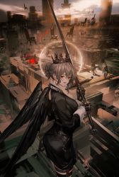 Rule 34 | 1girl, 6+others, absurdres, bird wings, black dress, black gloves, black wings, building, chair, city, commentary, cowboy shot, crown, dress, earrings, floating, floating object, frills, gloves, grey hair, hair between eyes, hair bun, halo, highres, holding, holding sword, holding weapon, holster, horse, jewelry, lm7 (op-center), long sleeves, looking at viewer, looking back, multiple others, necklace, original, outdoors, ponytail, red eyes, rooftop, short dress, short hair, sidelocks, single hair bun, solo focus, standing, sword, thigh holster, thigh strap, tongue, tongue out, weapon, wings