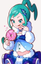 Rule 34 | 1girl, :p, arm warmers, arutarika (ri kaoekaki), blue vest, blush, buttons, closed mouth, collar, commentary request, creatures (company), doughnut, eyelashes, food, game freak, green eyes, green hair, hair ornament, hairclip, highres, holding, holding food, lisia (pokemon), looking down, nintendo, overskirt, pokemon, pokemon oras, ponytail, scarf, shorts, sidelocks, solo, sparkling eyes, star (symbol), tongue, tongue out, vest, white scarf, white shorts