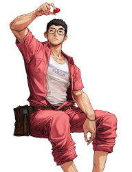 Rule 34 | 1boy, belt, black hair, breast pocket, feet out of frame, glasses, heart, highres, invisible chair, male focus, muscular, muscular male, nipple slip, nipples, one eye closed, original, pants, pink pants, pink shirt, pocket, print shirt, rinotuna, shirt, short hair, simple background, sitting, solo, white background, white shirt