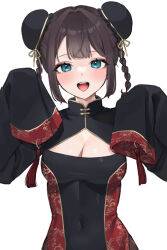 Rule 34 | 1girl, black hair, blue eyes, blush, braid, breasts, bun cover, china dress, chinese clothes, cleavage, cleavage cutout, clothing cutout, commentary, covered navel, double bun, dress, hair bun, hands up, highres, lbinowa, long sleeves, looking at viewer, medium breasts, open mouth, original, short hair, simple background, sleeves past fingers, sleeves past wrists, smile, solo, straight-on, teeth, tongue, twin braids, upper body, upper teeth only, white background
