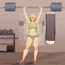 Rule 34 | 1girl, abs, armpits, blonde hair, blue eyes, braid, breasts, cammy white, capcom, cleavage, exercising, full body, gym, highres, large breasts, long hair, looking at viewer, medium breasts, mirror, miss mcl, muscular, nipples, punching bag, see-through, shoes, shorts, sneakers, solo, sports bra, standing, street fighter, sweat, tank top, third-party edit, toned, transparent, twin braids, weightlifting, weights