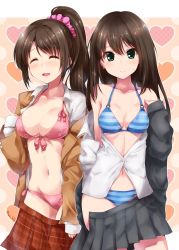 Rule 34 | 10s, 2girls, :d, ^ ^, bare shoulders, bikini, bikini under clothes, blue bikini, breasts, brown hair, cleavage, closed eyes, clothes pull, collarbone, cowboy shot, earrings, front-tie bikini top, front-tie top, hair ornament, hair scrunchie, halterneck, highres, idolmaster, idolmaster cinderella girls, jewelry, long hair, looking at viewer, medium breasts, multiple girls, navel, o-ring, o-ring bikini, o-ring top, off shoulder, open clothes, open fly, open mouth, open shirt, open skirt, outside border, paopao, pink bikini, plaid, plaid skirt, pleated skirt, ponytail, scrunchie, shibuya rin, shimamura uzuki, shirt, skirt, skirt pull, sleeveless, sleeveless shirt, small breasts, smile, striped bikini, striped clothes, sweatdrop, swimsuit