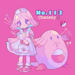 Rule 34 | 1girl, apron, ball, blush, box, chansey, character name, creature and personification, creatures (company), dress, full body, game freak, gen 1 pokemon, hat, head tilt, heart, highres, holding, holding box, long sleeves, looking at viewer, medium hair, narumame, nintendo, nurse cap, personification, pink background, pink dress, pink footwear, pink hair, pink theme, poke ball, poke ball (basic), pokedex number, pokemon, pokemon (creature), purple eyes, shoes, simple background, smile, standing
