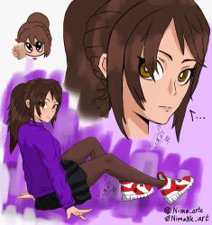 Rule 34 | brown hair, highres, jacket, kitty greenson, nima arts, non-web source, original, pantyhose, purple jacket, yellow eyes