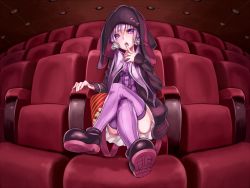Rule 34 | 1girl, animal ears, bad id, bad pixiv id, chair, crossed legs, fisheye, hood, hooded jacket, indoors, jacket, long hair, looking at viewer, nakasaki hydra, open mouth, purple eyes, purple hair, purple thighhighs, sitting, solo, striped clothes, striped thighhighs, theater, thighhighs, twintails, vertical-striped clothes, vertical-striped thighhighs, vocaloid, voiceroid, yuzuki yukari