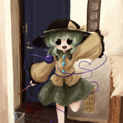 Rule 34 | 1girl, arm up, black hat, blood, blood on ground, bloody knife, blouse, blush, bow, buttons, crazy eyes, diamond button, eyeball, floral print, frilled shirt collar, frilled sleeves, frills, green hair, green skirt, hallway, hat, hat bow, hat ribbon, heart, heart of string, heripantomorrow, holding, holding knife, knife, komeiji koishi, long sleeves, looking at viewer, open mouth, ribbon, rose print, shirt, sidelocks, skirt, smile, solo, standing, standing on one leg, third eye, touhou, waving arm, wavy hair, wide sleeves, yellow bow, yellow ribbon, yellow shirt