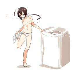 Rule 34 | 1girl, bad id, bad pixiv id, breasts, brown hair, musical note, musubi, navel, nipples, panties, panties only, ponytail, raku, sekirei, simple background, small breasts, solo, top-load washing machine, topless, underwear, underwear only, undressing, washing machine, whistling