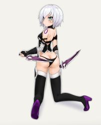 Rule 34 | 1girl, :&lt;, absurdres, ass, bandages, bare shoulders, black panties, black thighhighs, boots, butt crack, cowfee, dagger, fate/apocrypha, fate (series), green eyes, highres, jack the ripper (fate/apocrypha), knife, looking at viewer, looking back, panties, scar, short hair, solo, thigh boots, thighhighs, underwear, weapon, white hair