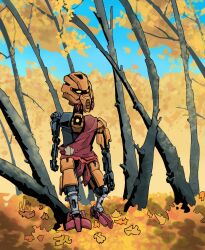 Rule 34 | absurdres, autumn leaves, bionicle, clothed robot, commentary, english commentary, highres, kanohi (bionicle), looking to the side, mask, okli, orange eyes, robot, the lego group, toga, tree, vakama (bionicle)