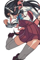 Rule 34 | 1girl, absurdres, angry, black hair, blouse, breasts, clenched hands, fang, grey thighhighs, grin, hairband, highres, kantai collection, karasuma kuraha, large breasts, long hair, long sleeves, multicolored hair, naganami (kancolle), naganami kai ni (kancolle), pink hair, pleated skirt, shirt, simple background, skirt, smile, solo, teeth, thighhighs, thighs, two-tone hair, v-shaped eyebrows, wavy hair, white background, yellow eyes, zettai ryouiki