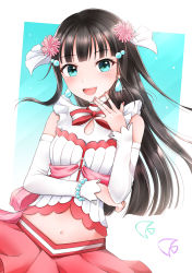 Rule 34 | 1girl, absurdres, aqua eyes, artist name, artist request, bare shoulders, black hair, blue sky, blunt bangs, blush, bow, bowtie, bracelet, breasts, close-up, cloud, detached collar, detached sleeves, dress, dress shirt, drop earrings, earrings, elbow sleeves, female focus, flower, frilled dress, frilled shirt collar, frills, gradient hair, green eyes, hair bobbles, hair flower, hair ornament, hairclip, hairpin, highres, jewelry, koi ni naritai aquarium, kurosawa dia, layered skirt, long hair, looking at viewer, love live!, love live! school idol festival, love live! sunshine!!, miniskirt, mole, mole under mouth, multicolored hair, nail, nail polish, navel, neck ribbon, parted lips, pearl bracelet, pink bow, pink nails, pink ribbon, pink skirt, plaid, plaid skirt, pleated, pleated skirt, red bow, red neckwear, red skirt, ribbon, shirt, skirt, sky, small breasts, smile, solo, strapless, strapless dress, white background, white detached collar, white shirt, white sleeves