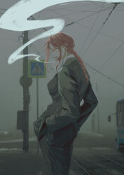 Rule 34 | 1girl, absurdres, black suit, braid, bus, chainsaw man, formal, hands in pockets, highres, long sleeves, looking at viewer, makima (chainsaw man), medium hair, motor vehicle, profile, red hair, road sign, shirt, sidelocks, sign, smoking, suit, white shirt, wire, yellmi, yellow eyes