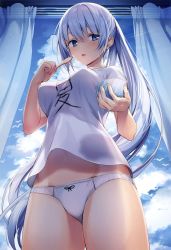 Rule 34 | 1girl, absurdres, backlighting, bird, blue eyes, blue sky, blush, bow, bow panties, breasts, clothes writing, cloud, cloudy sky, commentary request, condensation, covered erect nipples, cowboy shot, cup, curtains, highres, holding, indoors, komeshiro kasu, light frown, light particles, long hair, looking at viewer, medium breasts, no pants, original, panties, parted lips, perky breasts, ponytail, print shirt, shirt, short sleeves, silver hair, sky, solo, spoon, standing, t-shirt, underwear, very long hair, wet, white panties, white shirt, window