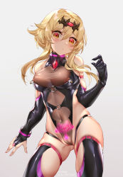 Rule 34 | 1girl, :o, bad id, bad pixiv id, bare shoulders, black gloves, black leotard, black thighhighs, blonde hair, blush, breasts, bridal gauntlets, cameltoe, character name, cleft of venus, contrapposto, covered navel, dark persona, elbow gloves, empty eyes, genshin impact, ginklaga, gloves, glowing tattoo, grey background, highleg, highleg leotard, latex, latex thighhighs, leotard, lumine (genshin impact), medium breasts, nipple piercing, nipple rings, nipples, o-ring leotard, parted lips, partially visible vulva, piercing, piercing through clothes, pixiv id, pubic tattoo, short hair with long locks, sidelocks, simple background, single glove, skindentation, solo, tattoo, thighhighs, tiara