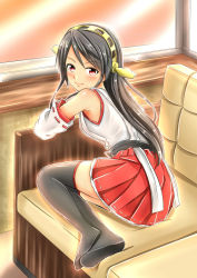 Rule 34 | 10s, 1girl, bare shoulders, baretto (karasi07), black hair, curled up, detached sleeves, haruna (kancolle), headgear, highres, indoors, kantai collection, long hair, looking at viewer, no shoes, nontraditional miko, red eyes, red skirt, skirt, smile, solo, thighhighs, window, zettai ryouiki