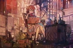 Rule 34 | 1girl, absurdres, brown eyes, brown hair, camera, chair, contemporary, folded ponytail, highres, holding, inazuma (kancolle), kaamin (mariarose753), kantai collection, paintbrush, painting (action), plant, potted plant, shoes, sitting, smile, solo, studio