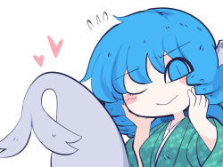 Rule 34 | 1girl, blue eyes, blue hair, blush stickers, chahan (fried rice0614), closed mouth, fins, flying, green kimono, head fins, heart, japanese clothes, kimono, long sleeves, mermaid, monster girl, one-hour drawing challenge, one eye closed, short hair, simple background, smile, solo, touhou, wakasagihime, white background, wide sleeves