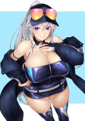 Rule 34 | 1girl, absurdres, alternate breast size, azur lane, bare shoulders, blush, breasts, cleavage, enterprise (azur lane), enterprise (wind catcher) (azur lane), eyewear on head, eyewear on headwear, hand on own chest, hat, highres, jacket, large breasts, latex, looking at viewer, miso tanuki, off shoulder, official alternate costume, ponytail, purple eyes, race queen, revealing clothes, silver hair, simple background, solo, sunglasses, thighhighs, upper body