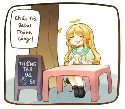 Rule 34 | 1girl, absurdres, blonde hair, boots, character name, closed eyes, cup, hair rings, highres, kisaki tencha, long hair, nijigen project, open mouth, plant, sitting, solo, table, tree, vietnamese text, virtual youtuber, vit (6bigduck9)